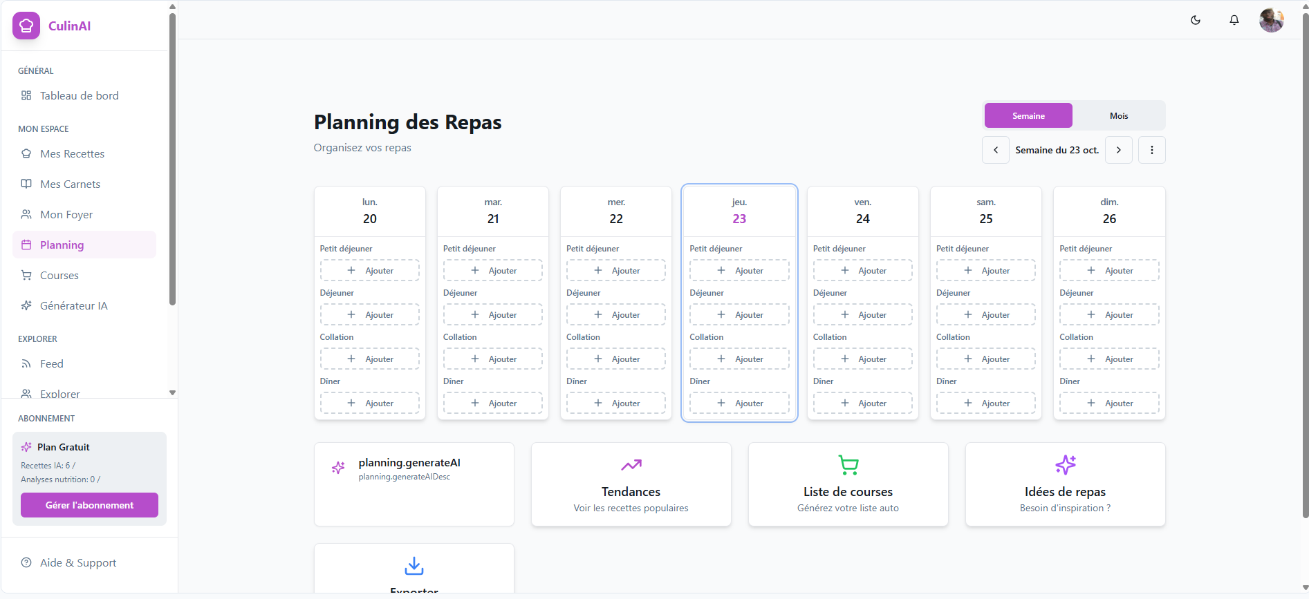 Meal planning screenshot